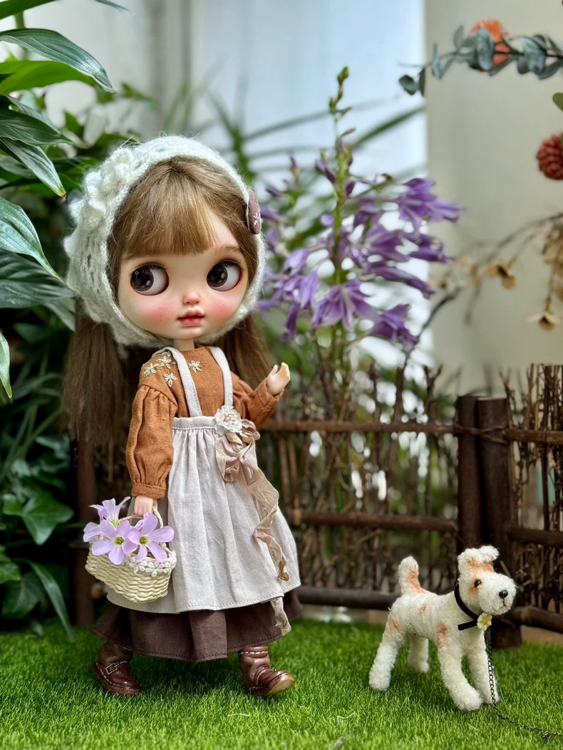 Vintage BLYTHE Outfit: Rustic Elegance with Handcrafted Shirt, Layered Skirt & Cozy Headscarf - Image 1