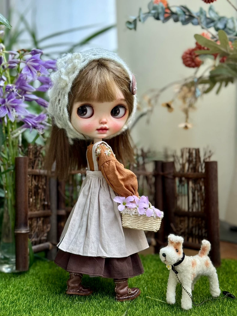 Vintage BLYTHE Outfit: Rustic Elegance with Handcrafted Shirt, Layered Skirt & Cozy Headscarf - Image 2