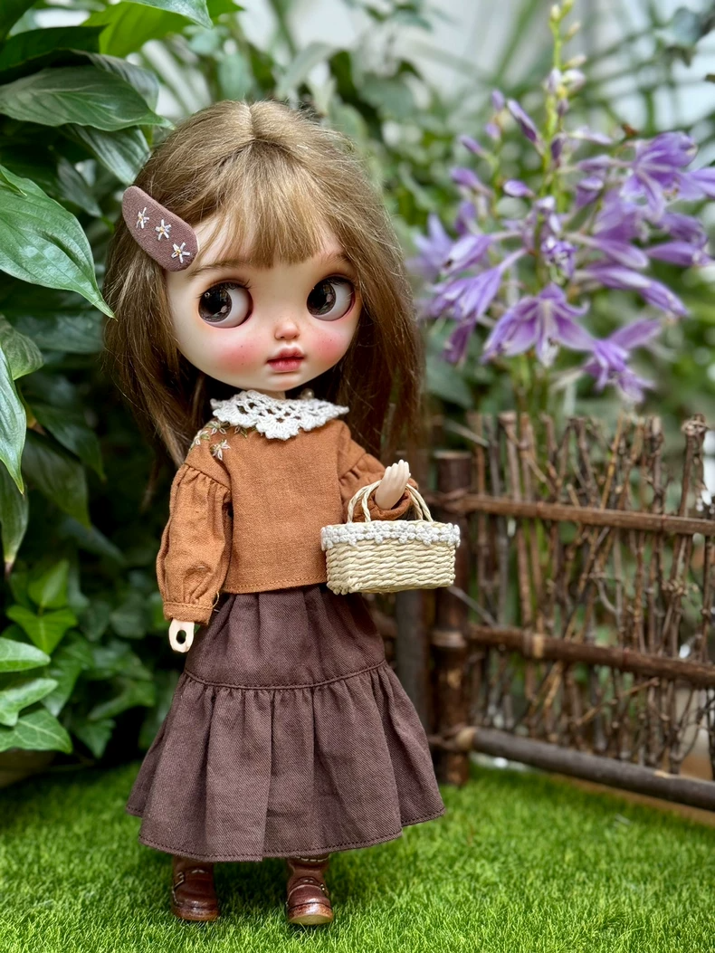 Vintage BLYTHE Outfit: Rustic Elegance with Handcrafted Shirt, Layered Skirt & Cozy Headscarf - Image 4