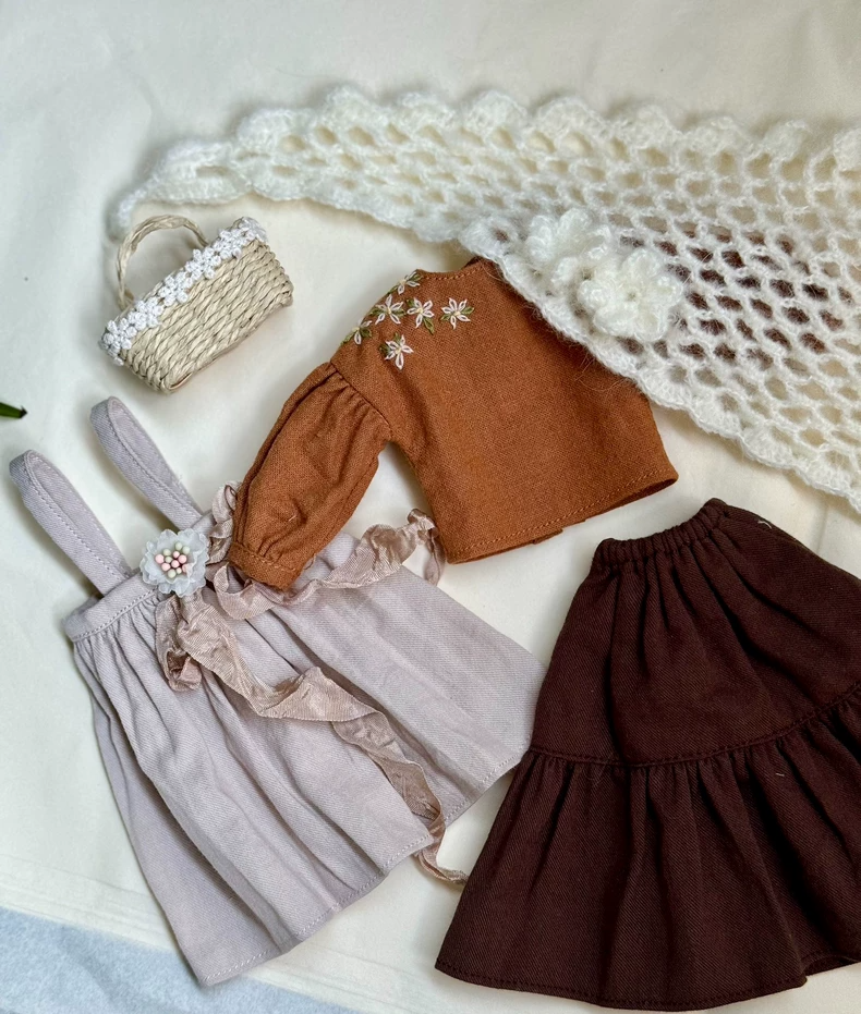 Vintage BLYTHE Outfit: Rustic Elegance with Handcrafted Shirt, Layered Skirt & Cozy Headscarf - Image 6