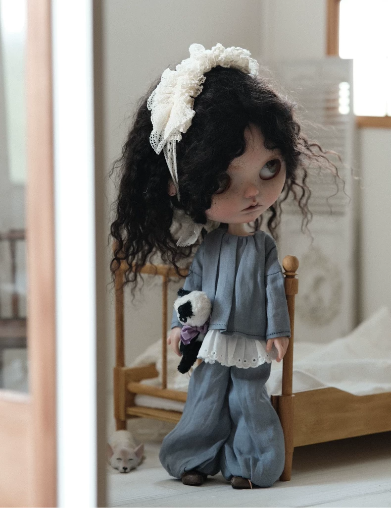 Blythe Doll Blouse & Lantern Pants Set Gray Blue White Ruffle Trim Collector Outfit - Image 5