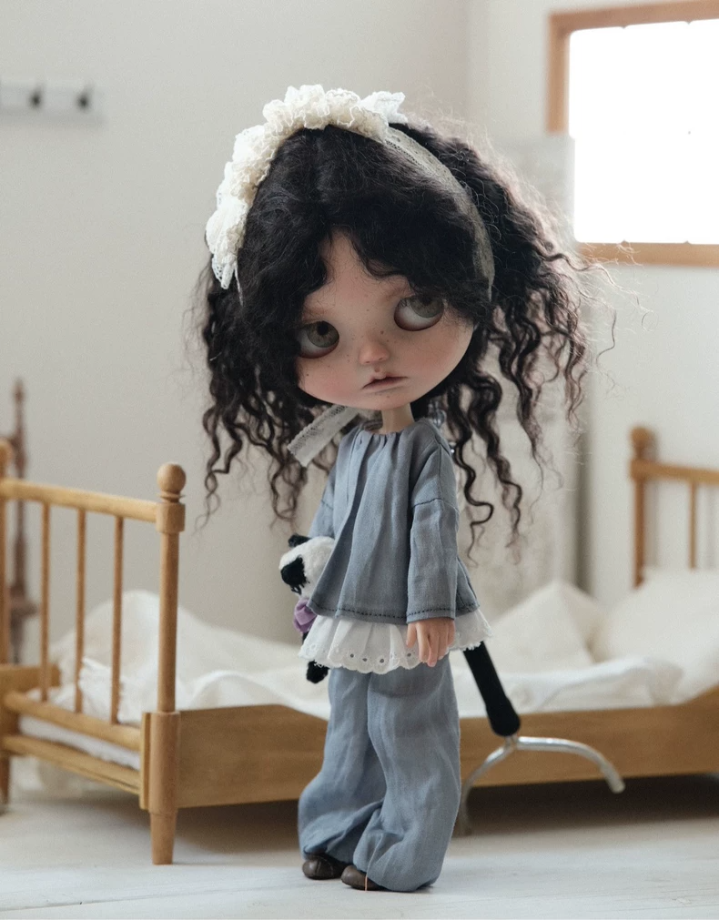 Blythe Doll Blouse & Lantern Pants Set Gray Blue White Ruffle Trim Collector Outfit - Image 6