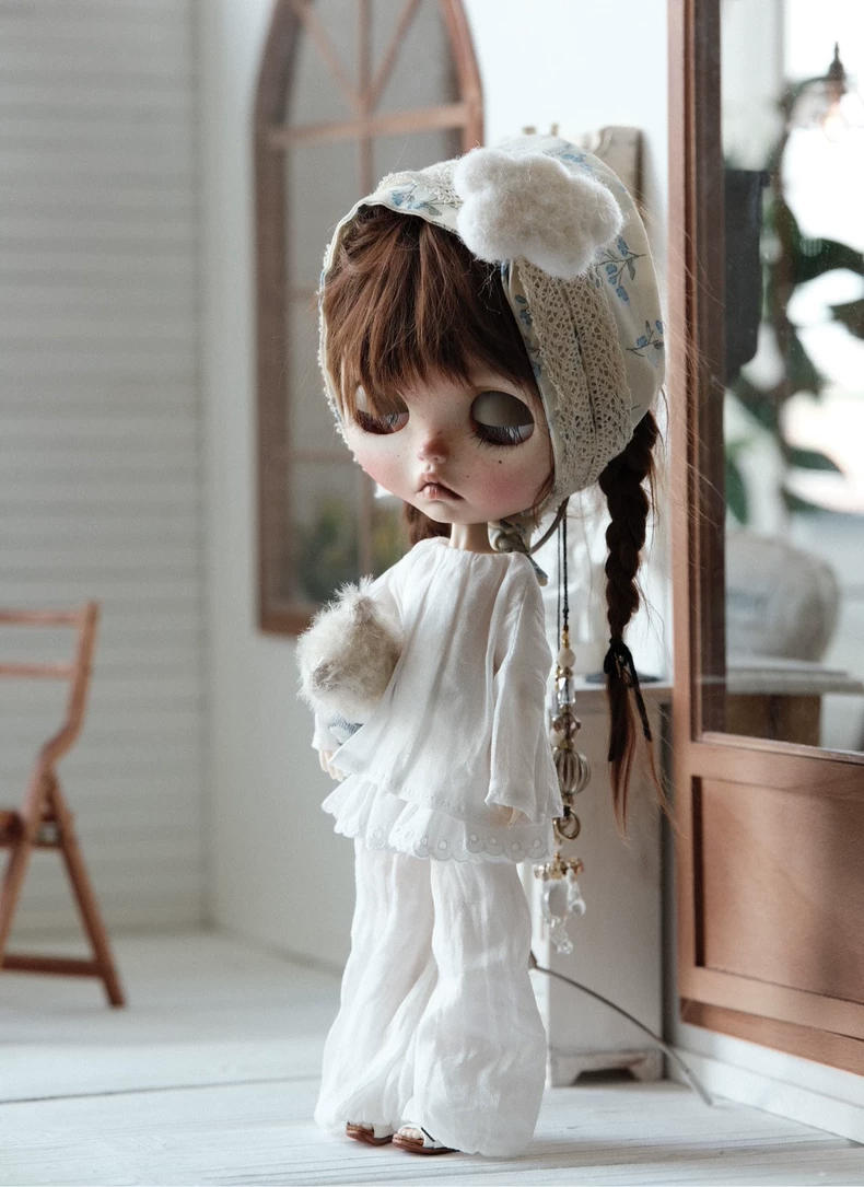 Blythe Doll Blouse & Lantern Pants Set Gray Blue White Ruffle Trim Collector Outfit - Image 7