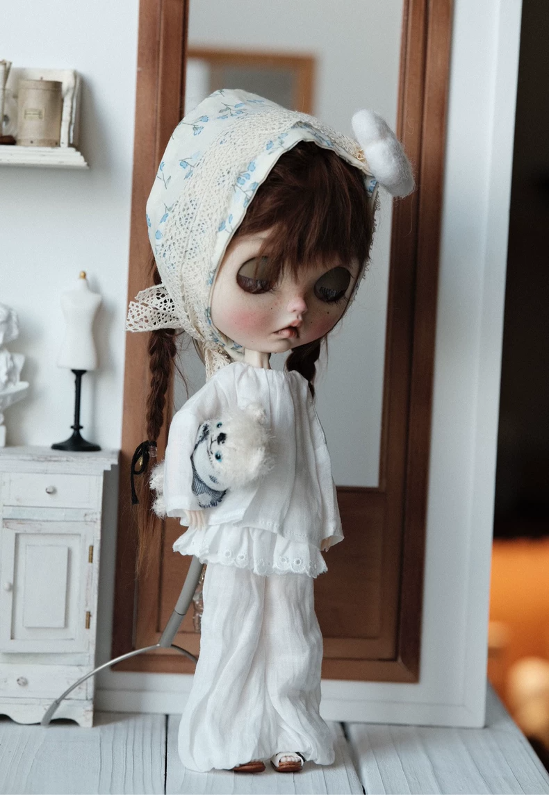 Blythe Doll Blouse & Lantern Pants Set Gray Blue White Ruffle Trim Collector Outfit - Image 8