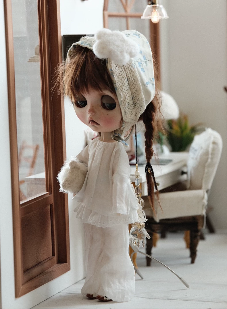 Blythe Doll Blouse & Lantern Pants Set Gray Blue White Ruffle Trim Collector Outfit - Image 9