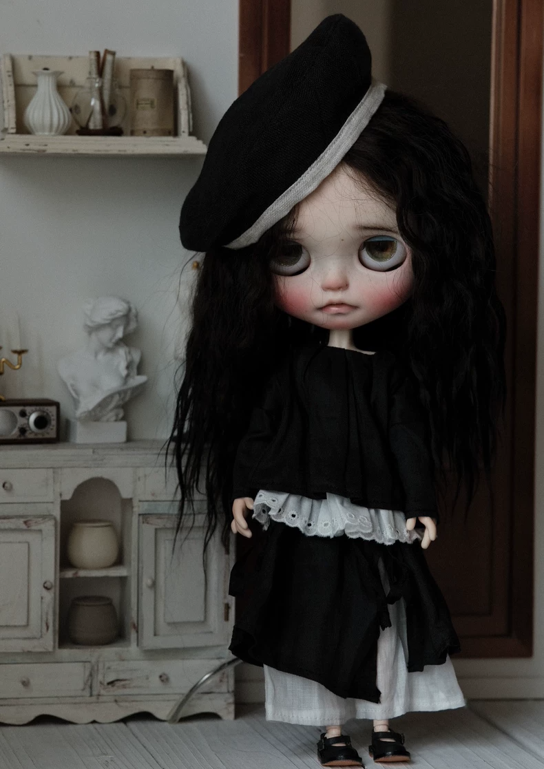 BLYTHE Doll Outfit: Black & White Beret Set with Skirt-Pants - Chic Collector Attire - Image 1