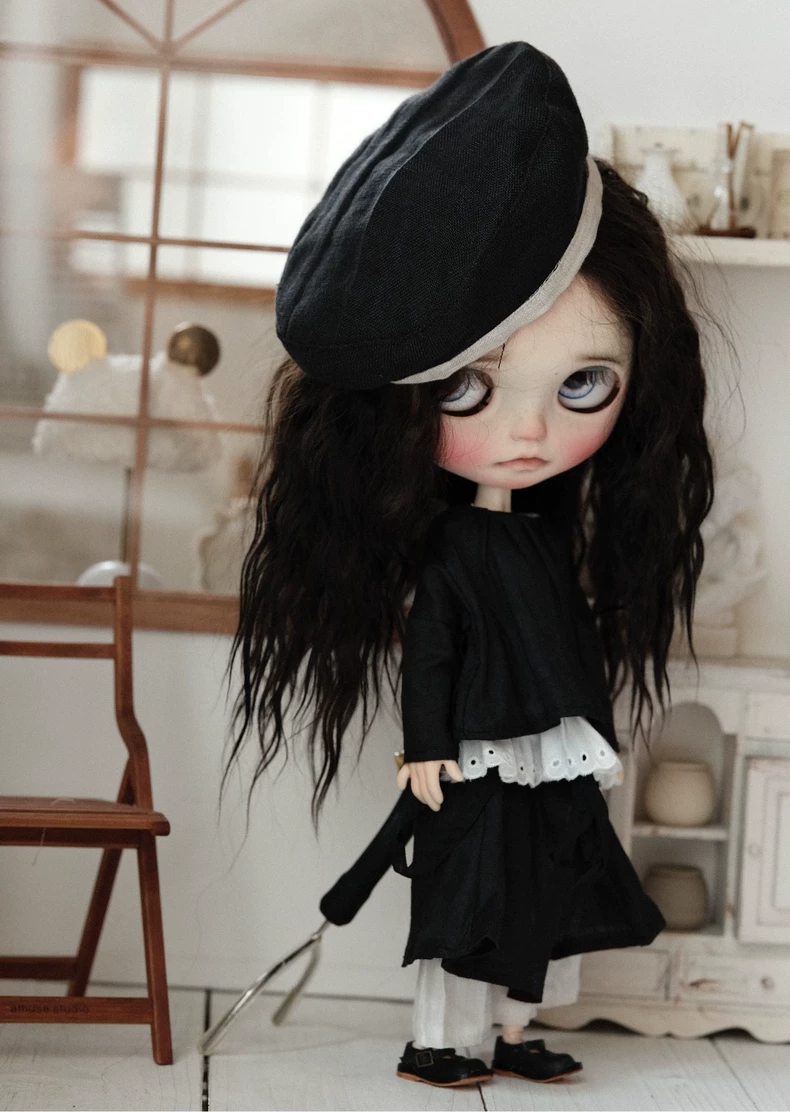 BLYTHE Doll Outfit: Black & White Beret Set with Skirt-Pants - Chic Collector Attire - Image 2