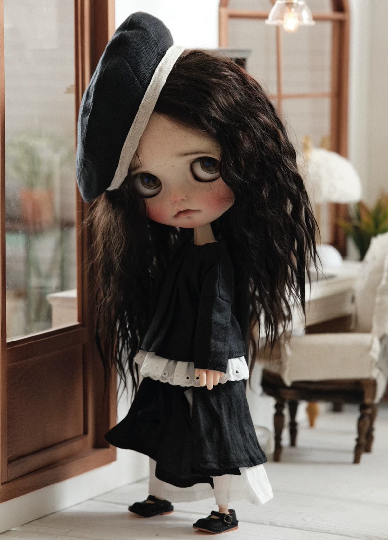 BLYTHE Doll Outfit: Black & White Beret Set with Skirt-Pants - Chic Collector Attire - Image 3
