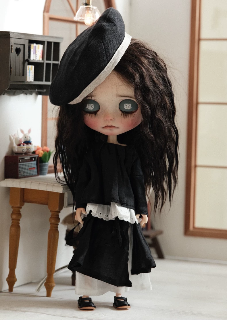 BLYTHE Doll Outfit: Black & White Beret Set with Skirt-Pants - Chic Collector Attire - Image 4