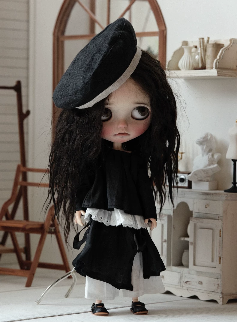 BLYTHE Doll Outfit: Black & White Beret Set with Skirt-Pants - Chic Collector Attire - Image 7