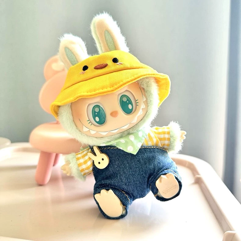 Charming LABUBU Doll Outfit: Yellow Bunny Hat & Denim Jumpsuit – Playful & Stylish Customization - Image 1