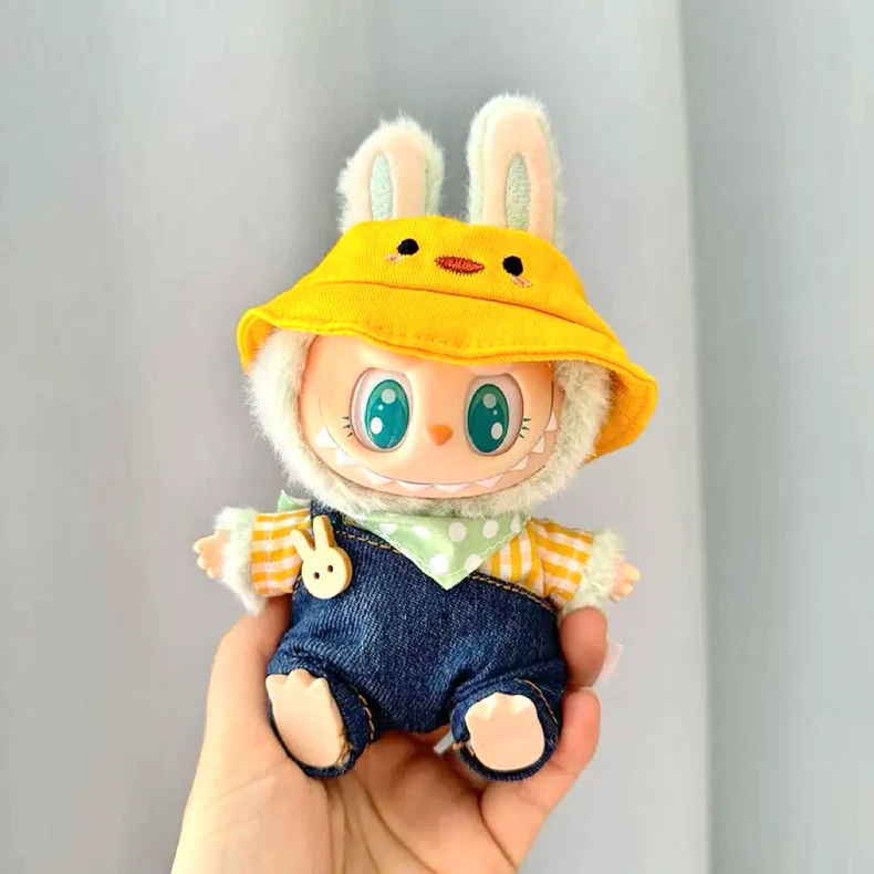 Charming LABUBU Doll Outfit: Yellow Bunny Hat & Denim Jumpsuit – Playful & Stylish Customization - Image 2