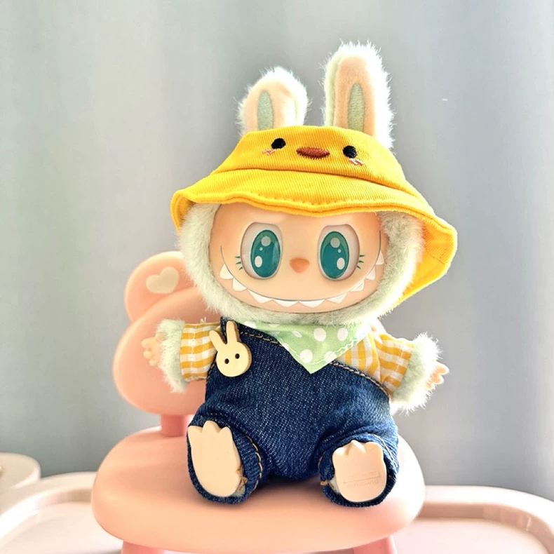 Charming LABUBU Doll Outfit: Yellow Bunny Hat & Denim Jumpsuit – Playful & Stylish Customization - Image 3
