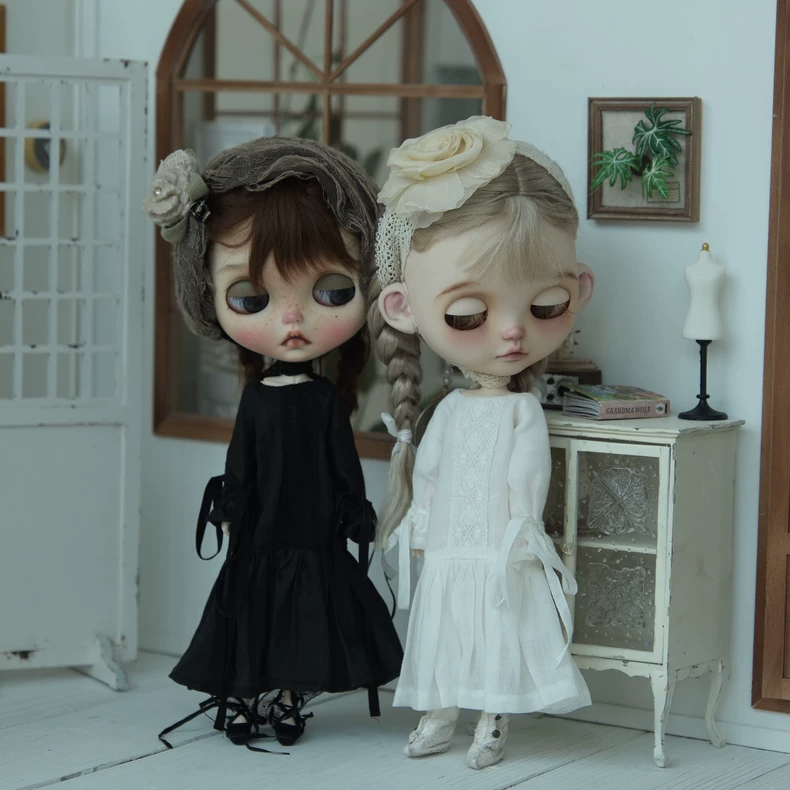 BLYTHE Doll Clothes: Elegant Linen Lace Dress w/ Hair Accessory - Timeless, Adjustable & Versatile - Image 1