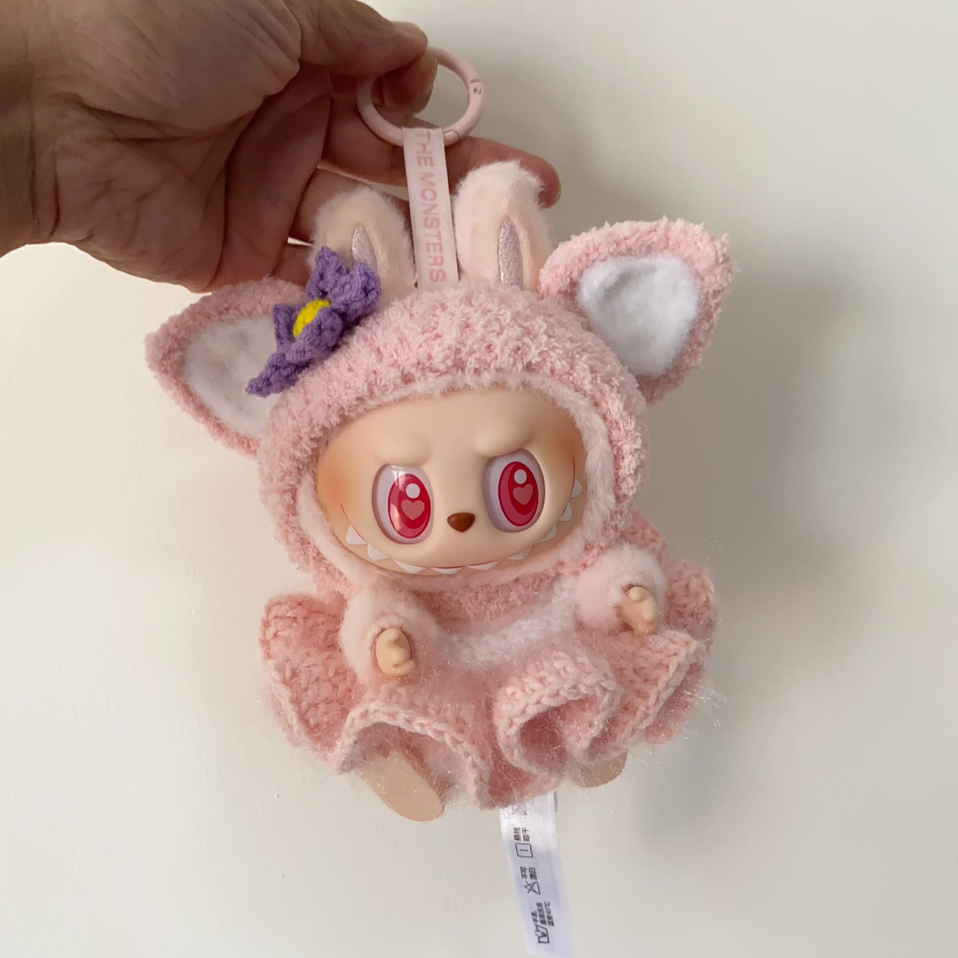 Whimsical Labubu Outfit: Soft Pink Dress & Purple Flower Hat – Handcrafted Plush Perfection - Image 1
