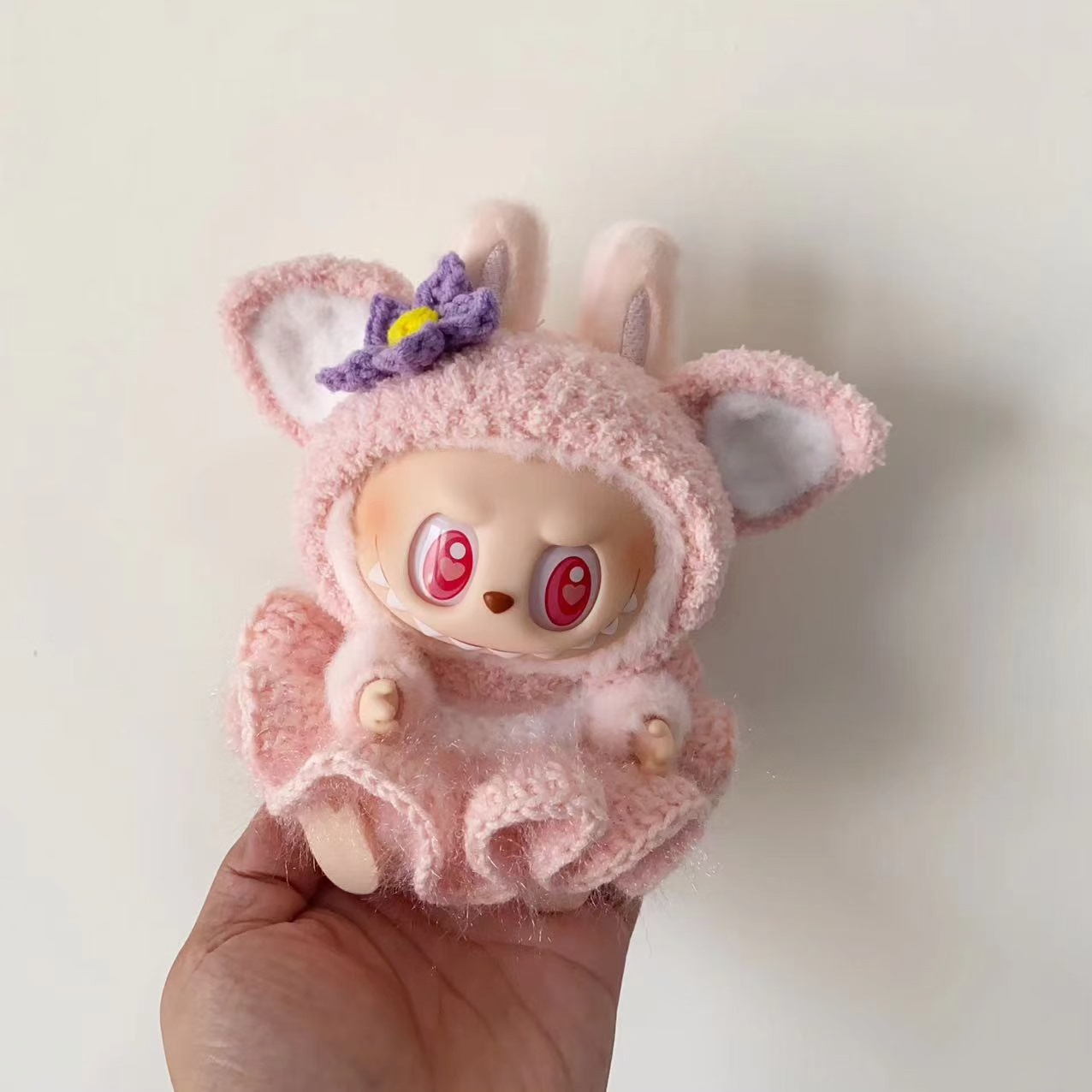 Whimsical Labubu Outfit: Soft Pink Dress & Purple Flower Hat – Handcrafted Plush Perfection - Image 2