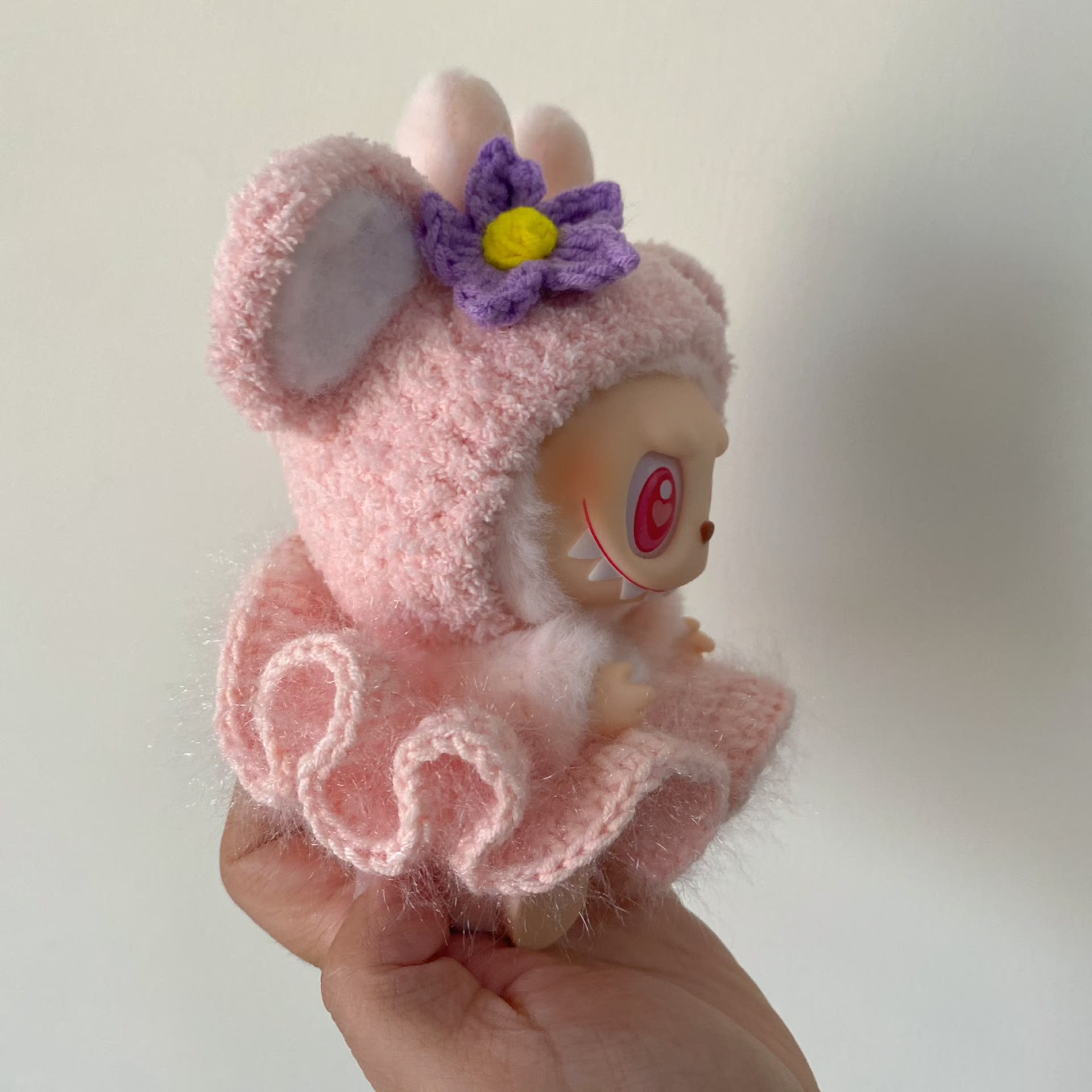 Whimsical Labubu Outfit: Soft Pink Dress & Purple Flower Hat – Handcrafted Plush Perfection - Image 3
