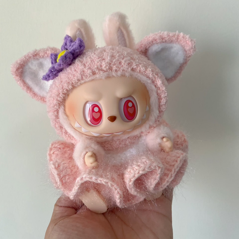 Whimsical Labubu Outfit: Soft Pink Dress & Purple Flower Hat – Handcrafted Plush Perfection - Image 4