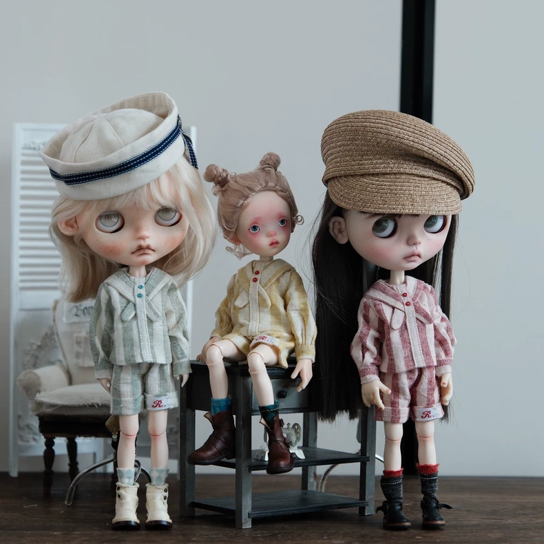 BLYTHE Doll Vintage Japanese Sailor Outfit Set - Premium Pastel Cotton Top, Shorts & Socks (Yellow/Green/Red) - Image 1