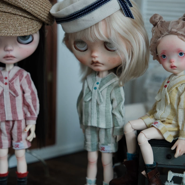 BLYTHE Doll Vintage Japanese Sailor Outfit Set - Premium Pastel Cotton Top, Shorts & Socks (Yellow/Green/Red) - Image 2