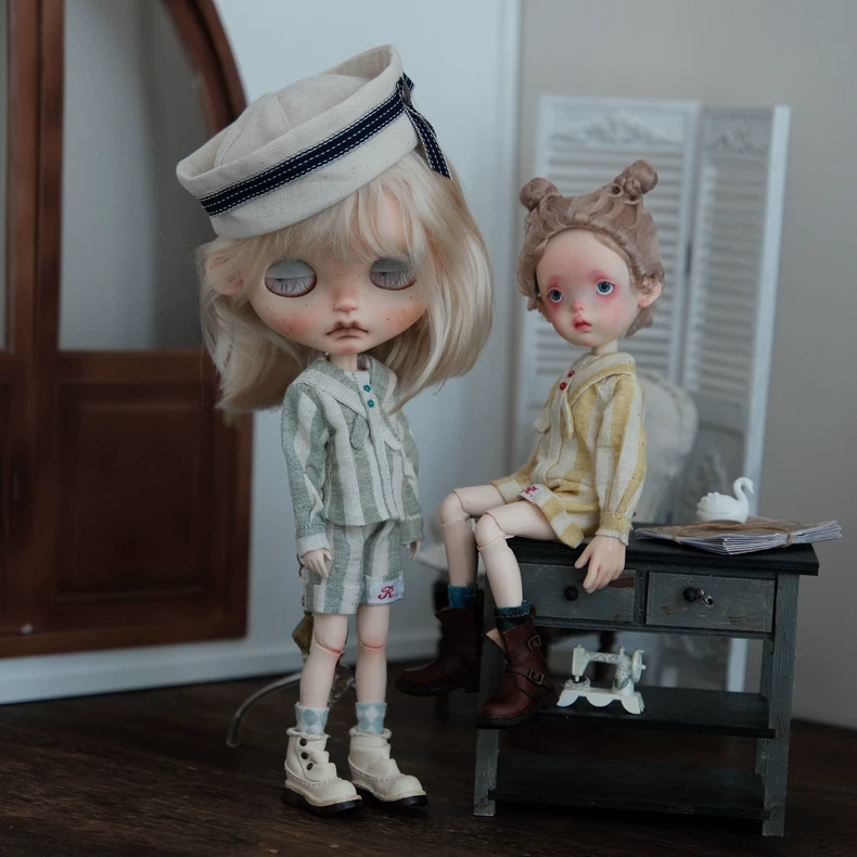 BLYTHE Doll Vintage Japanese Sailor Outfit Set - Premium Pastel Cotton Top, Shorts & Socks (Yellow/Green/Red) - Image 3