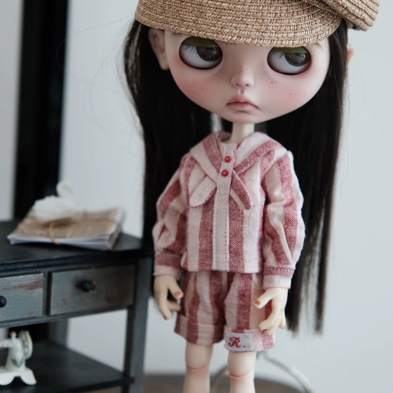 BLYTHE Doll Vintage Japanese Sailor Outfit Set - Premium Pastel Cotton Top, Shorts & Socks (Yellow/Green/Red) - Image 6