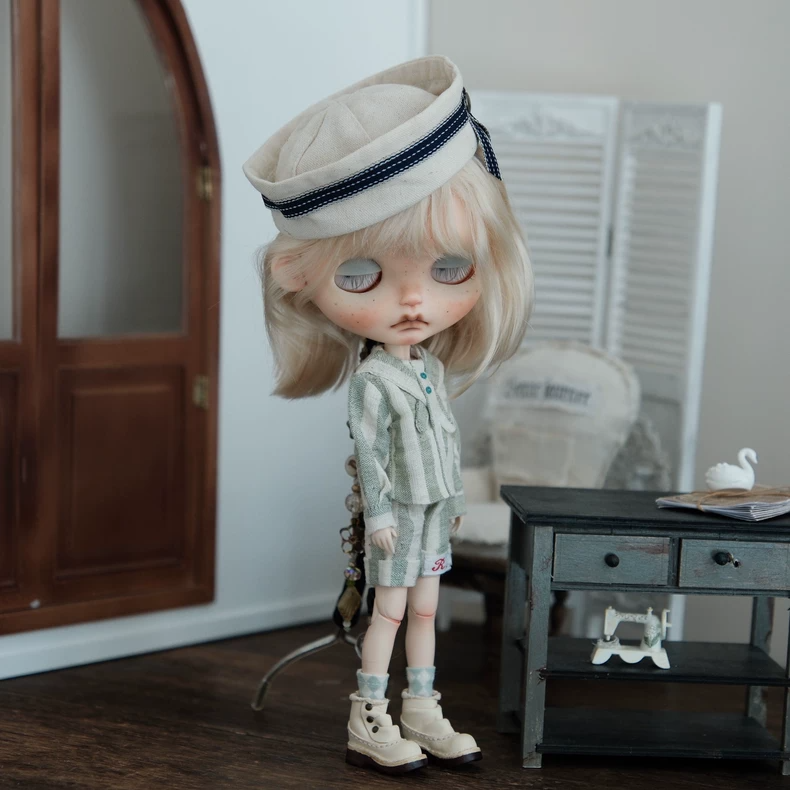 BLYTHE Doll Vintage Japanese Sailor Outfit Set - Premium Pastel Cotton Top, Shorts & Socks (Yellow/Green/Red) - Image 9
