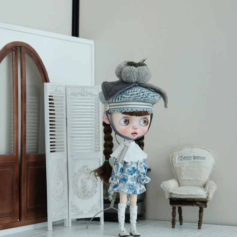 Blythe Doll Blue Floral Dress & Beret Outfit Set - Premium Quality Adjustable Doll Clothes for Collectors - Image 3