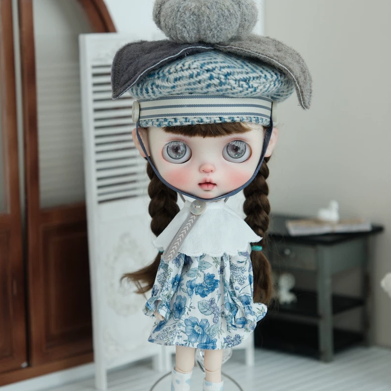 Blythe Doll Blue Floral Dress & Beret Outfit Set - Premium Quality Adjustable Doll Clothes for Collectors - Image 5