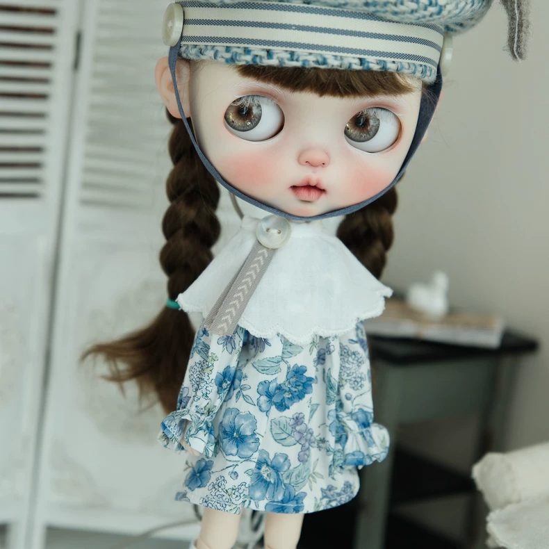 Blythe Doll Blue Floral Dress & Beret Outfit Set - Premium Quality Adjustable Doll Clothes for Collectors - Image 7