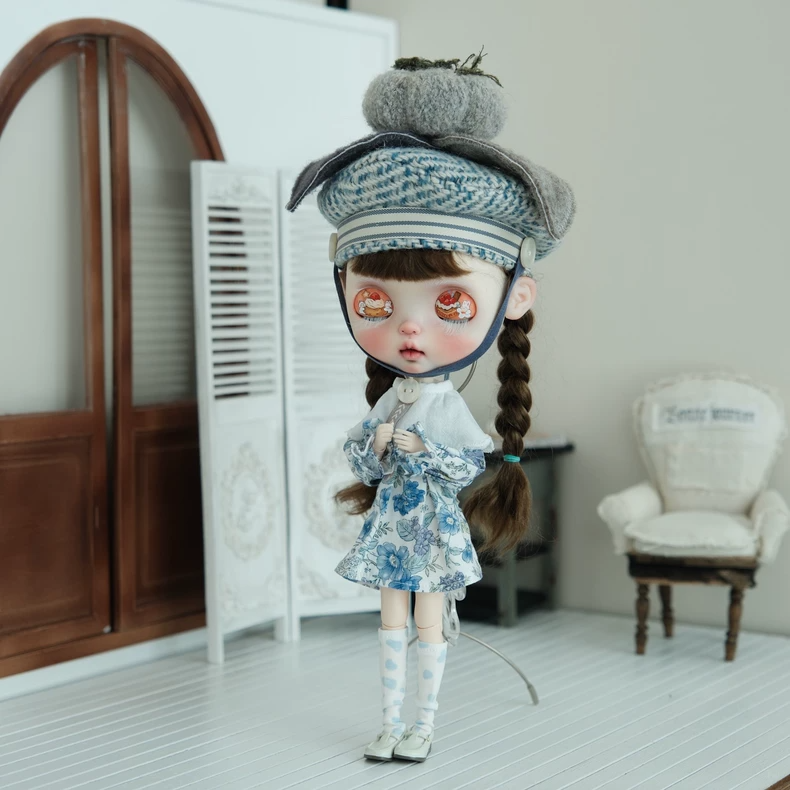 Blythe Doll Blue Floral Dress & Beret Outfit Set - Premium Quality Adjustable Doll Clothes for Collectors - Image 8