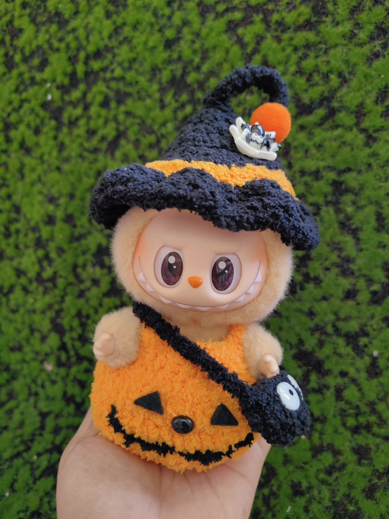 Whimsical Halloween Pumpkin Witch Costume for Labubu Dolls – Festive & Durable Plush Outfit - Image 4