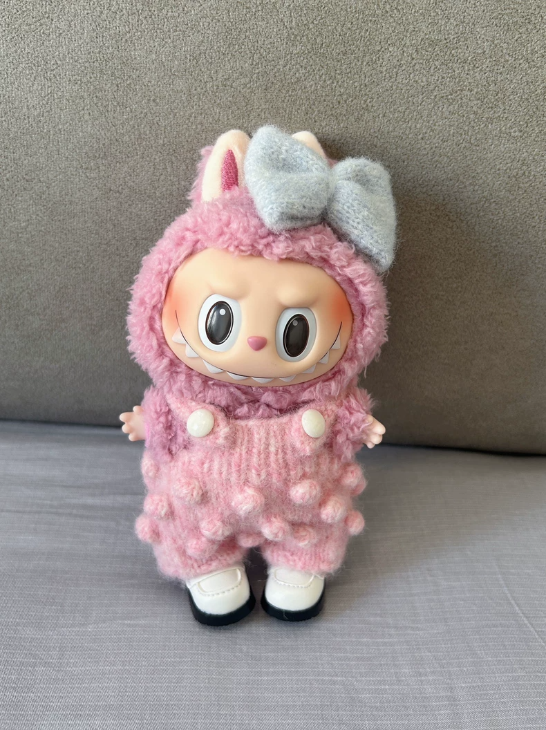 Adorable Labubu Doll in Cozy Knit Outfit – Soft Pink Jumper with Pom-Poms & Bow - Image 1