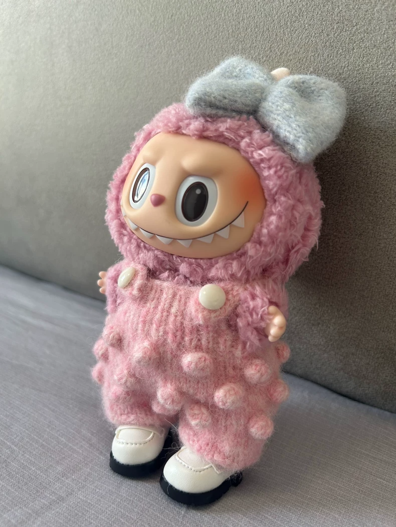 Adorable Labubu Doll in Cozy Knit Outfit – Soft Pink Jumper with Pom-Poms & Bow - Image 2
