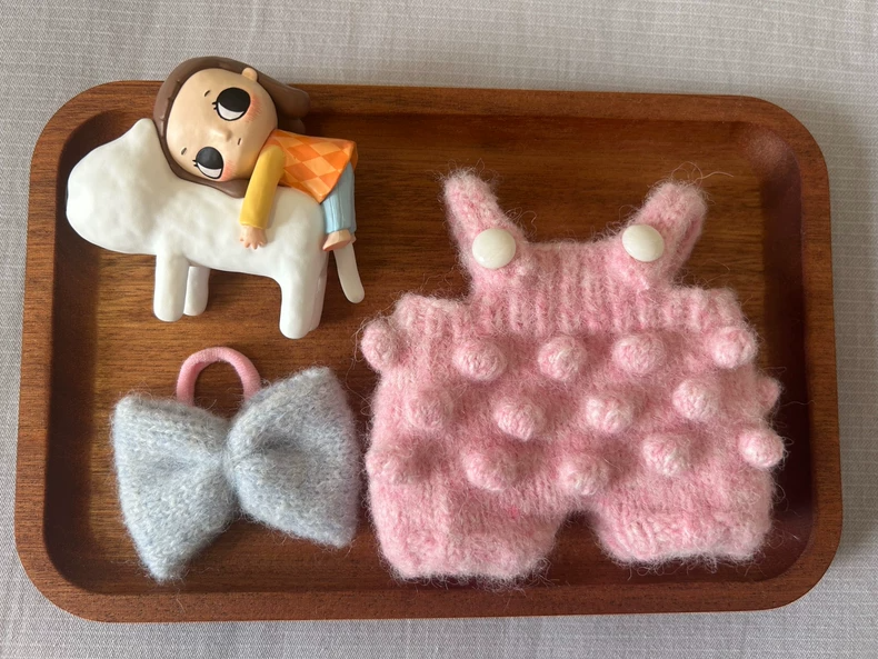 Adorable Labubu Doll in Cozy Knit Outfit – Soft Pink Jumper with Pom-Poms & Bow - Image 3