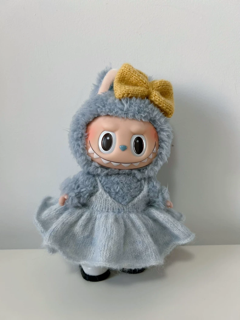 Cozy Knit Labubu Doll Outfit: Soft Camel Wool Dress with Butterfly Knot & Flared Skirt - Image 1