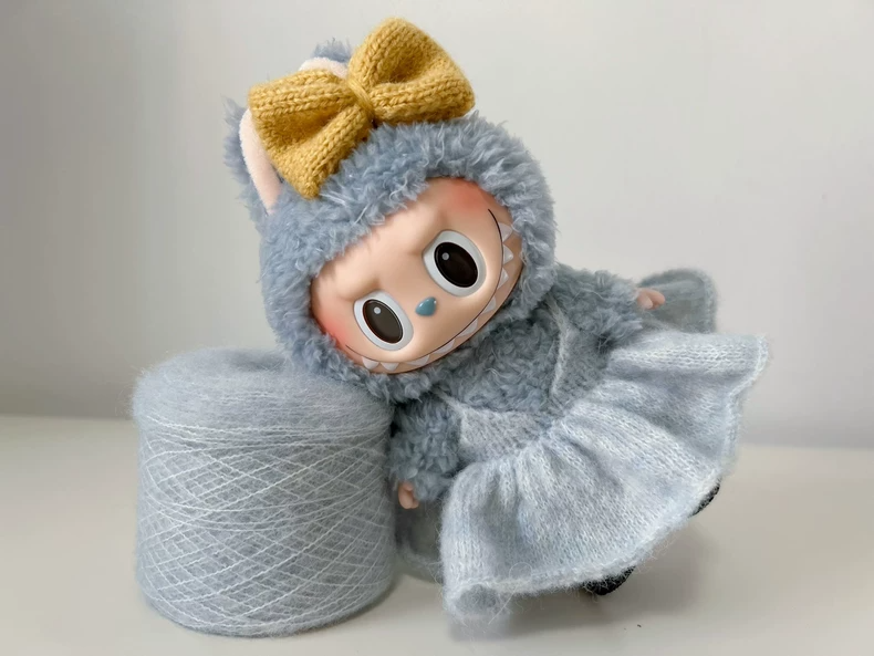 Cozy Knit Labubu Doll Outfit: Soft Camel Wool Dress with Butterfly Knot & Flared Skirt - Image 2