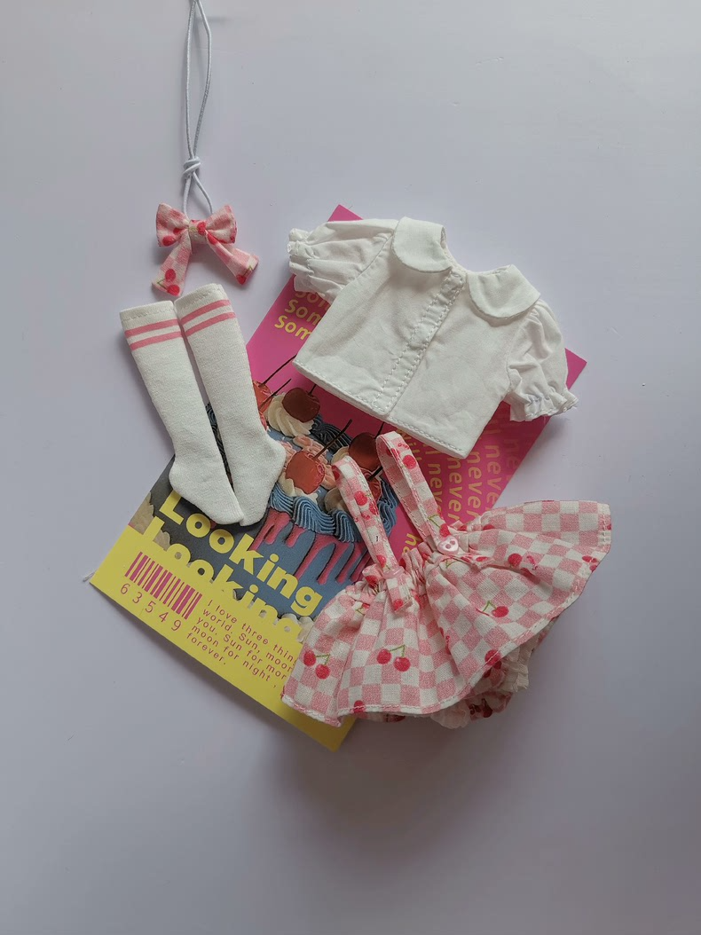 Charming BLYTHE Doll Outfit: Cherry-Adorned Skirt, Ruffled Blouse & Accessories for OB24/OB22 – Premium Collectible Ensemble - Image 3