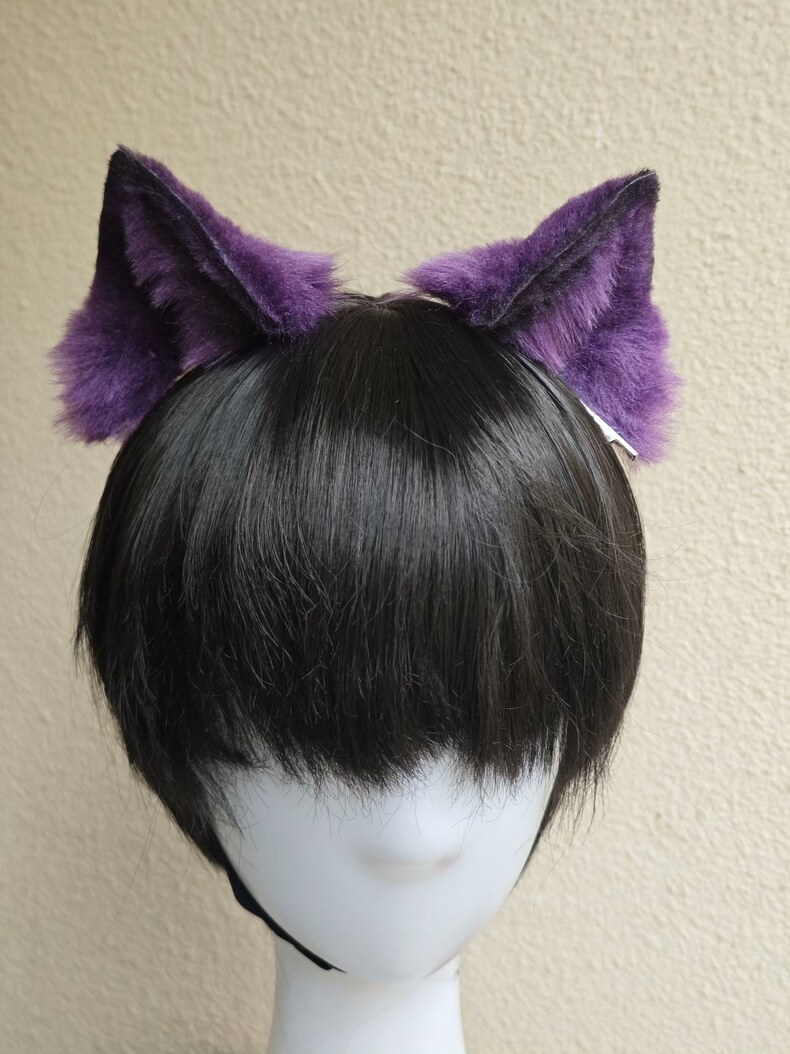 Purple Plush Cat Ears – Handmade Faux Fur Hair Clip - Image 3