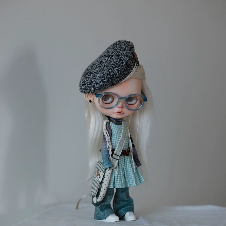 Chic Playful Blythe Doll Outfit: Beret, Checkered Dress & Denim Pants - Layered Style - Image 5