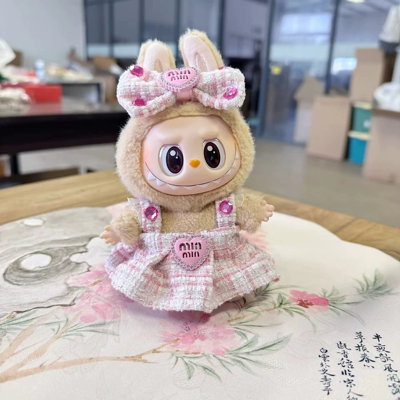 Charming LABUBU Doll Princess Outfit - Pink Plaid Dress with Sparkling Gems & Heart Emblem for Collectors & Enthusiasts - Image 1
