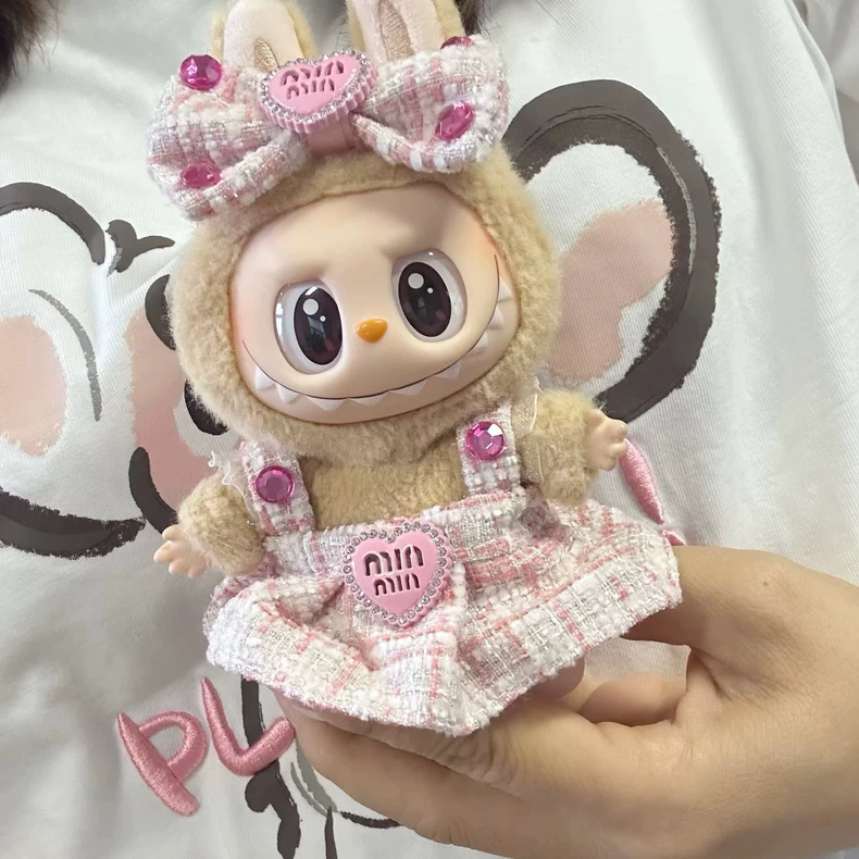 Charming LABUBU Doll Princess Outfit - Pink Plaid Dress with Sparkling Gems & Heart Emblem for Collectors & Enthusiasts - Image 2