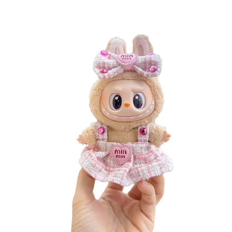 Charming LABUBU Doll Princess Outfit - Pink Plaid Dress with Sparkling Gems & Heart Emblem for Collectors & Enthusiasts - Image 5