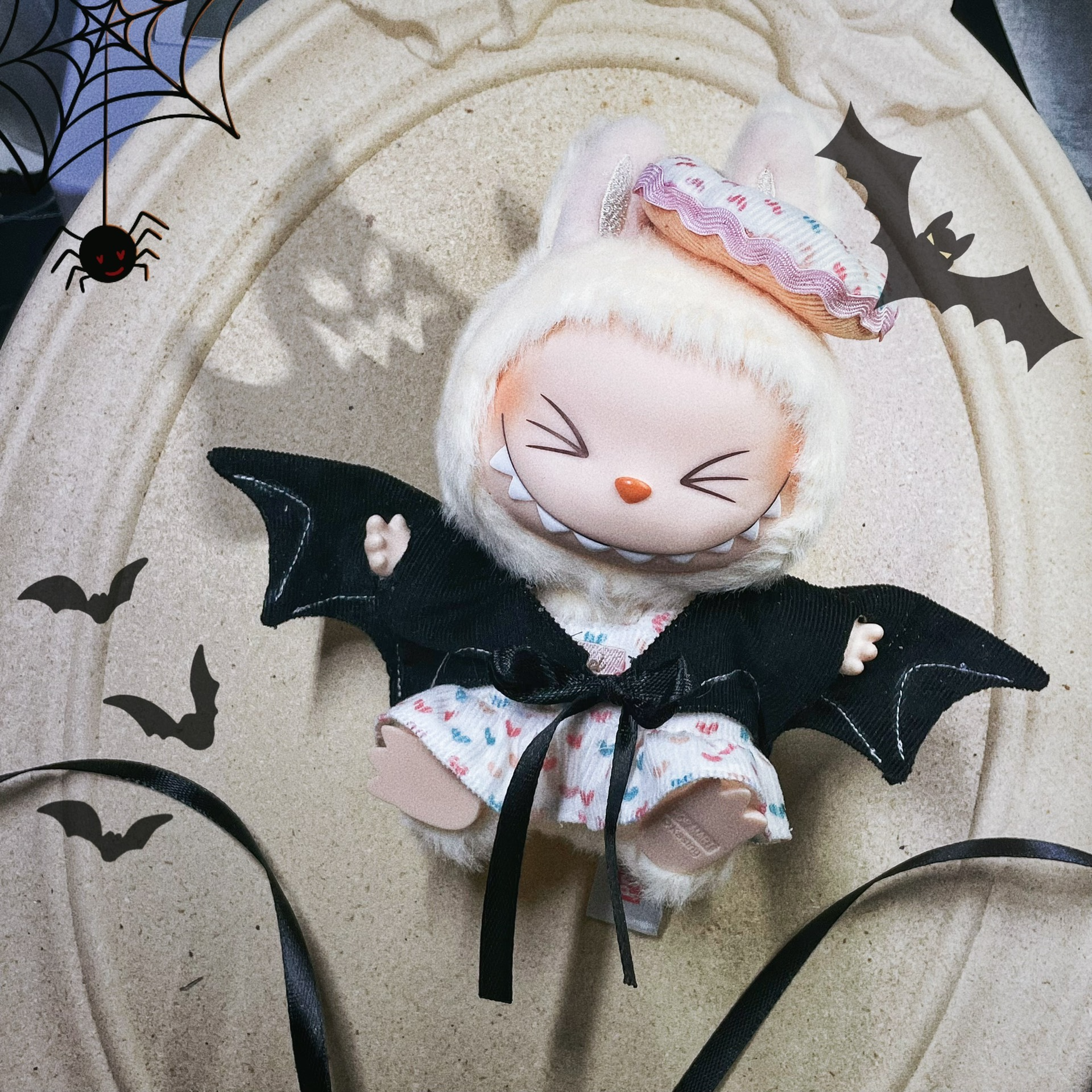 Spooky Cute Labubu Halloween Outfit with Bat Wings & Pumpkin – Festive Plush Costume - Image 1
