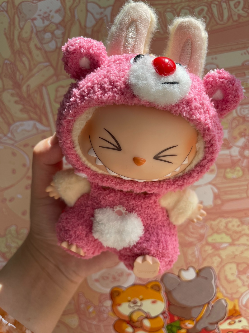 Adorable Strawberry Bear Outfit for Labubu Dolls – Plush Pink & White Set - Image 1