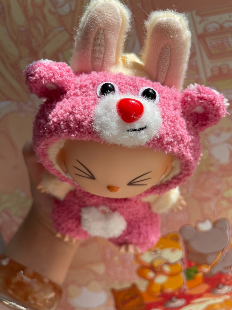 Adorable Strawberry Bear Outfit for Labubu Dolls – Plush Pink & White Set - Image 2