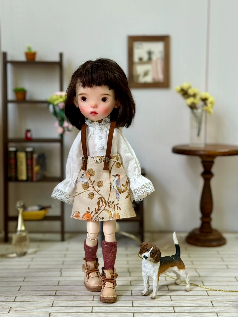 Vintage-Meets-Modern Blythe Doll Outfit: Polka Dot Blouse & Floral Skirt with Cozy Knit Hat - Image 5