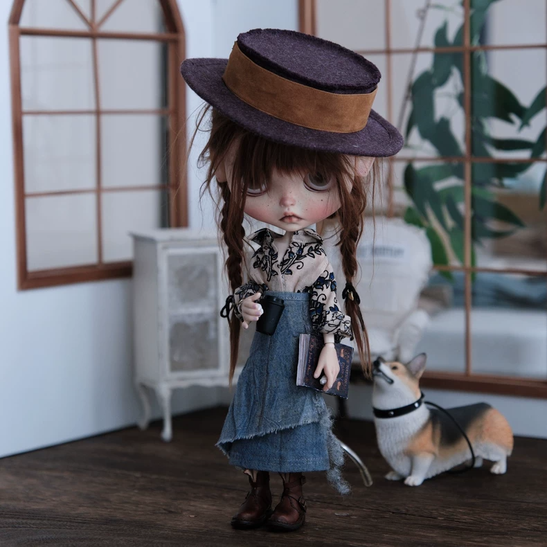 Exquisite Blythe Doll Outfit: Floral Shirt, Denim Skirt & Hat Ensemble - Premium Detailed Collectible Clothes - Image 1