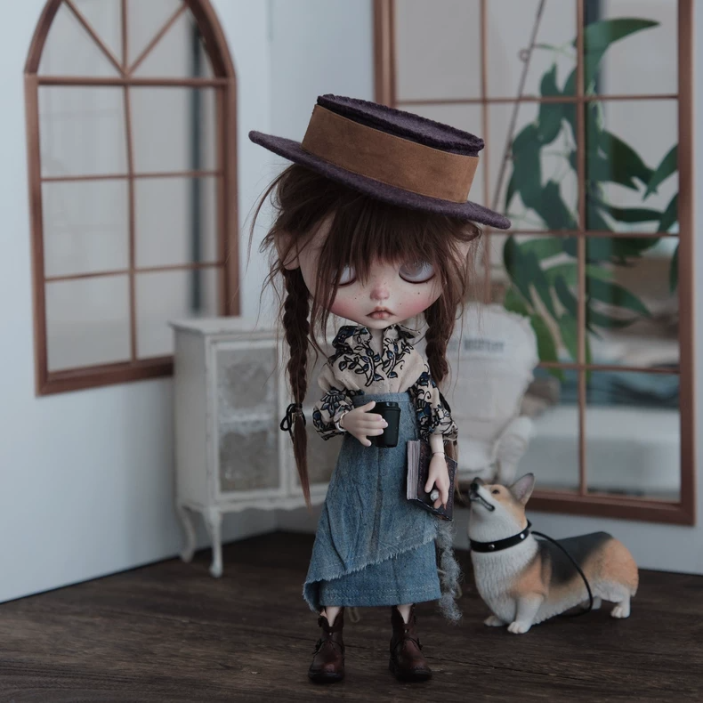 Exquisite Blythe Doll Outfit: Floral Shirt, Denim Skirt & Hat Ensemble - Premium Detailed Collectible Clothes - Image 9