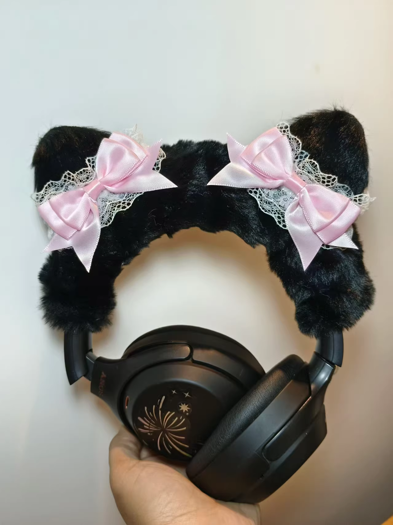 Black Plush Cat Ear Headphone Cover with Pink Bows & Lace
